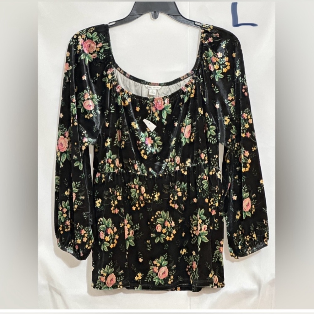 CATO BLACK SUEDE TOP WITH PINK & GREEN FLOWERS